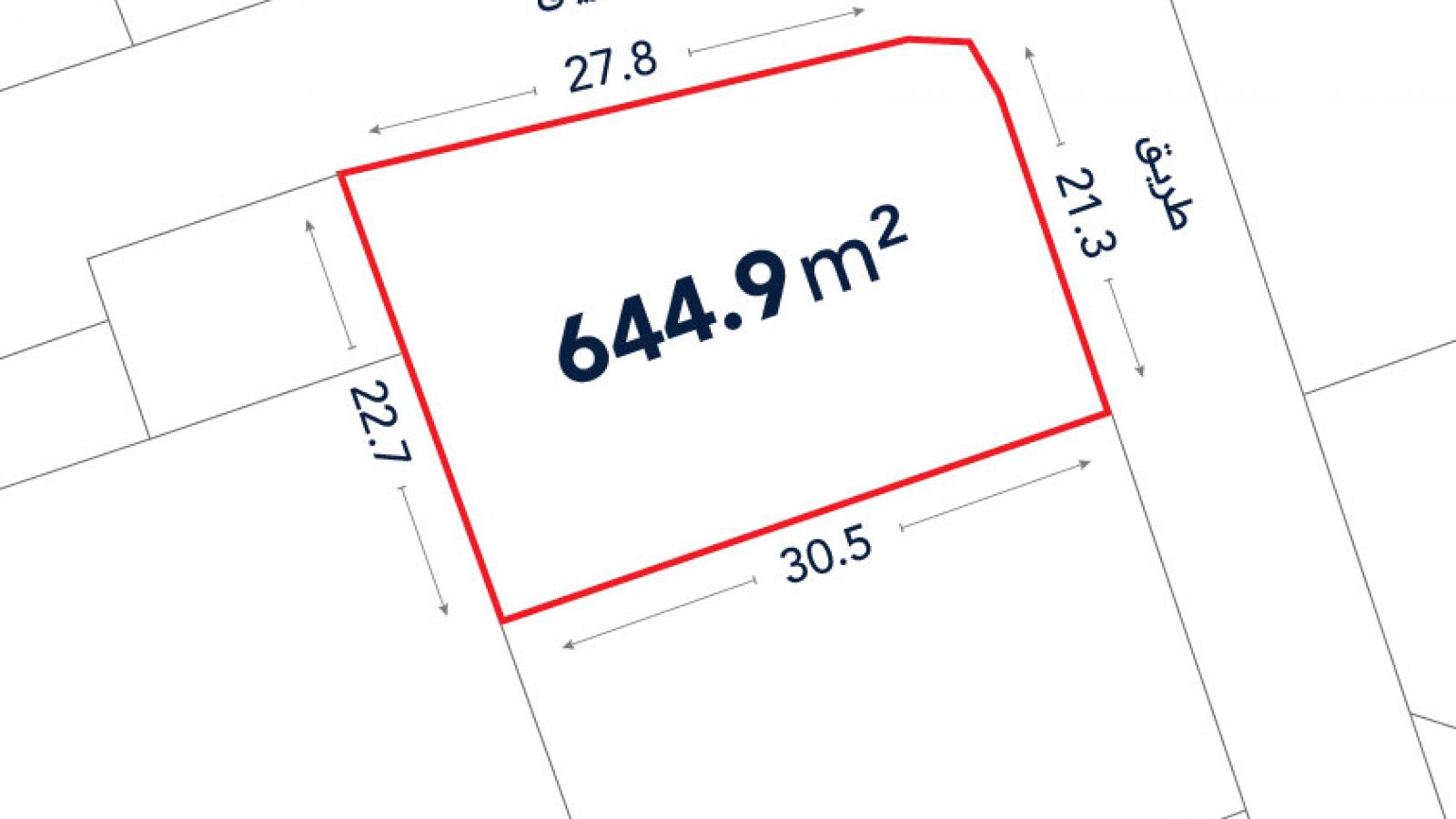 A plot map shows a rectangular land area outlined in red, labeled 644.9 m², with side lengths marked as 27.8, 22.7, 30.5, and 21.3 meters, bordered by two streets.