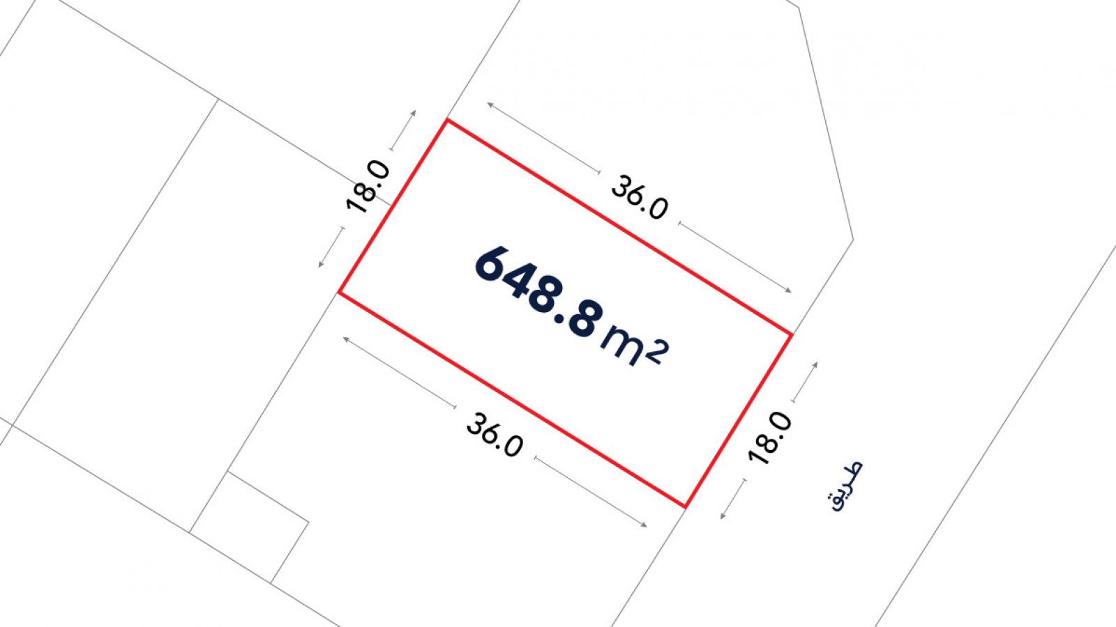 A rectangular plot outlined in red with dimensions 36.0m by 18.0m and a total area of 648.8 square meters, labeled in the center. Arabic text is present on the right side.