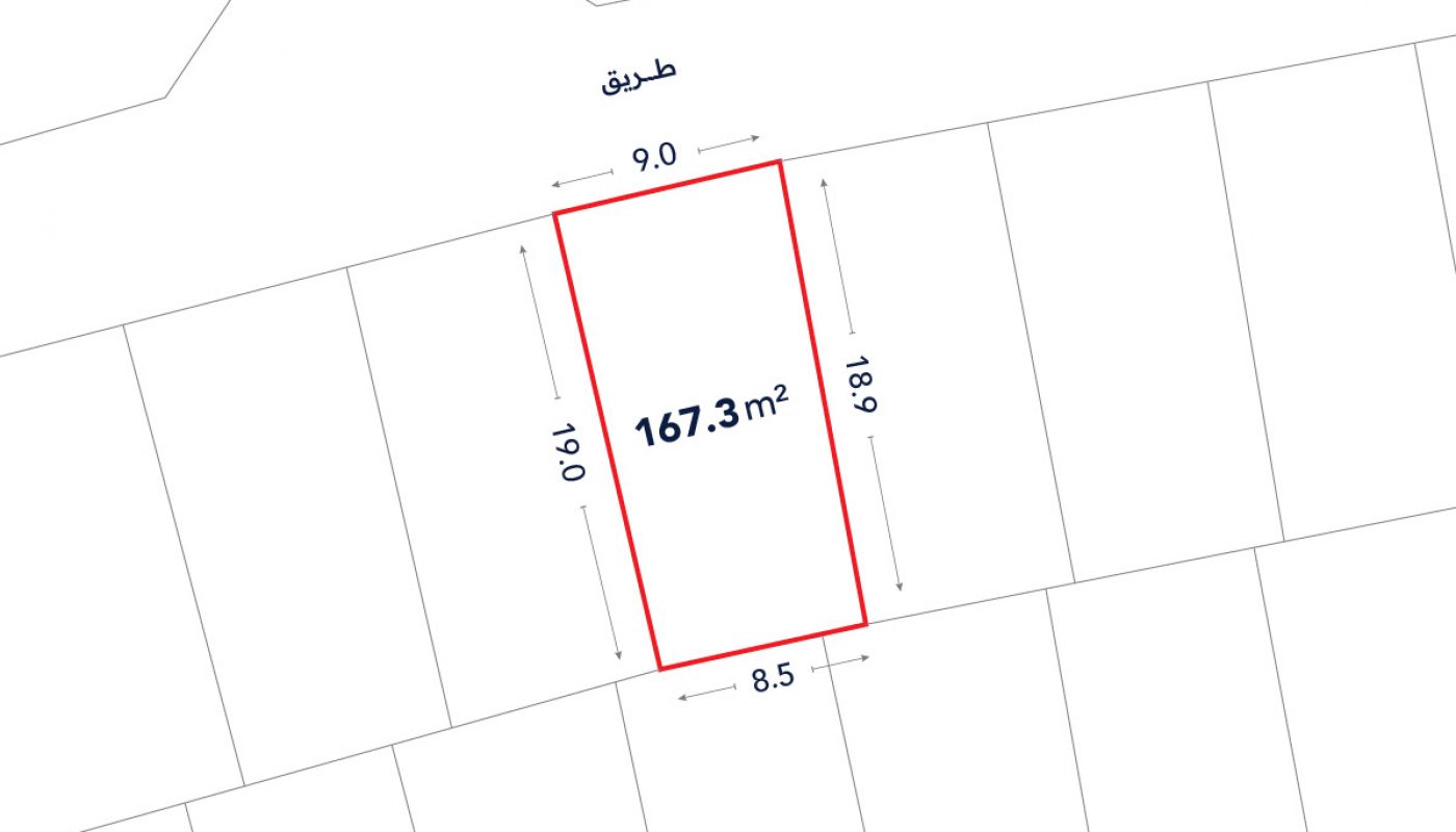 Rectangular plot outlined in red, labeled 167.3 m², with dimensions 9.0 m, 18.9 m, 8.5 m, and 19.0 m, shown on a map with adjacent lots and a road labeled "طريق".