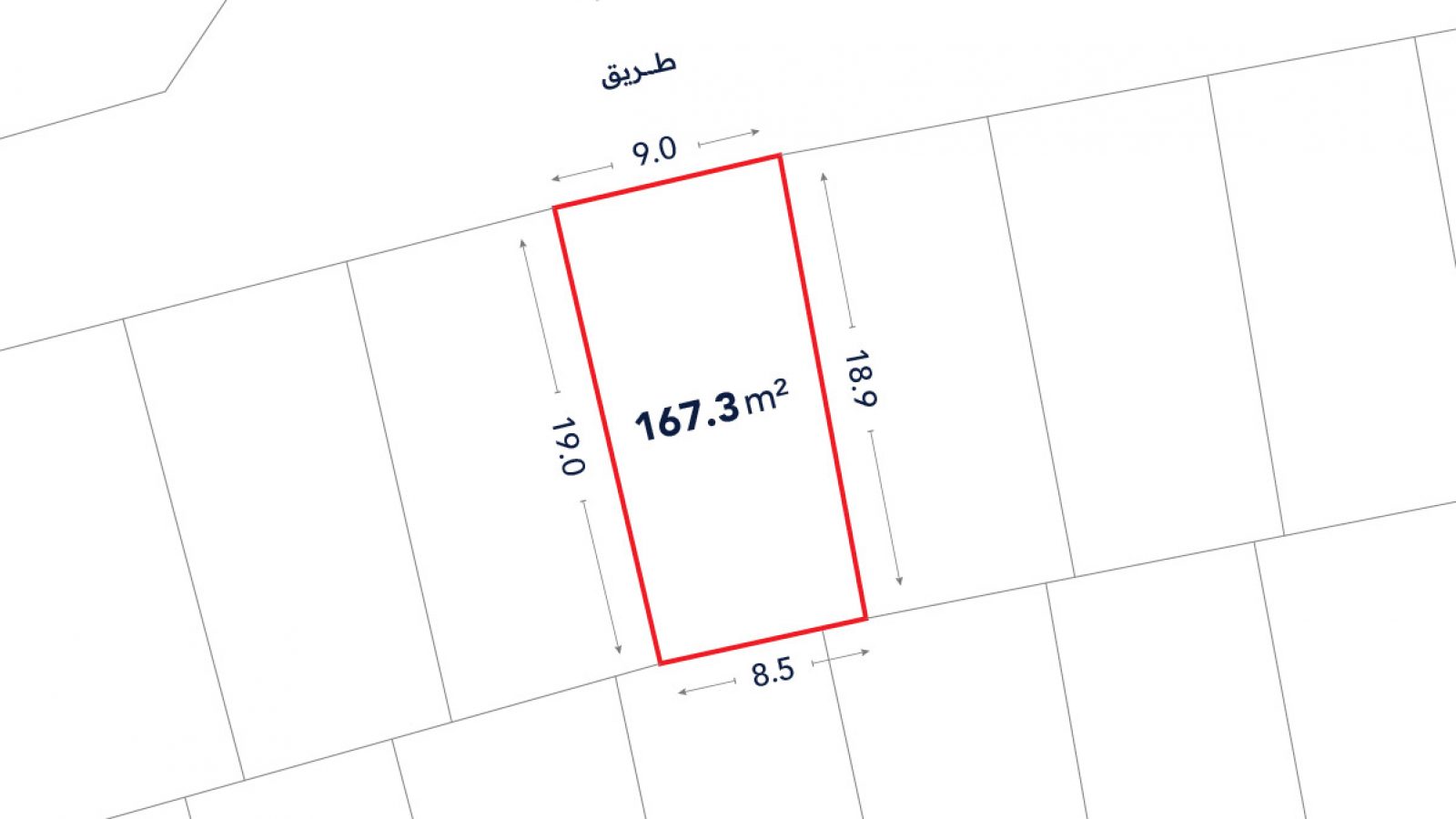 Rectangular plot outlined in red, labeled 167.3 m², with dimensions 9.0 m, 18.9 m, 8.5 m, and 19.0 m, shown on a map with adjacent lots and a road labeled "طريق".