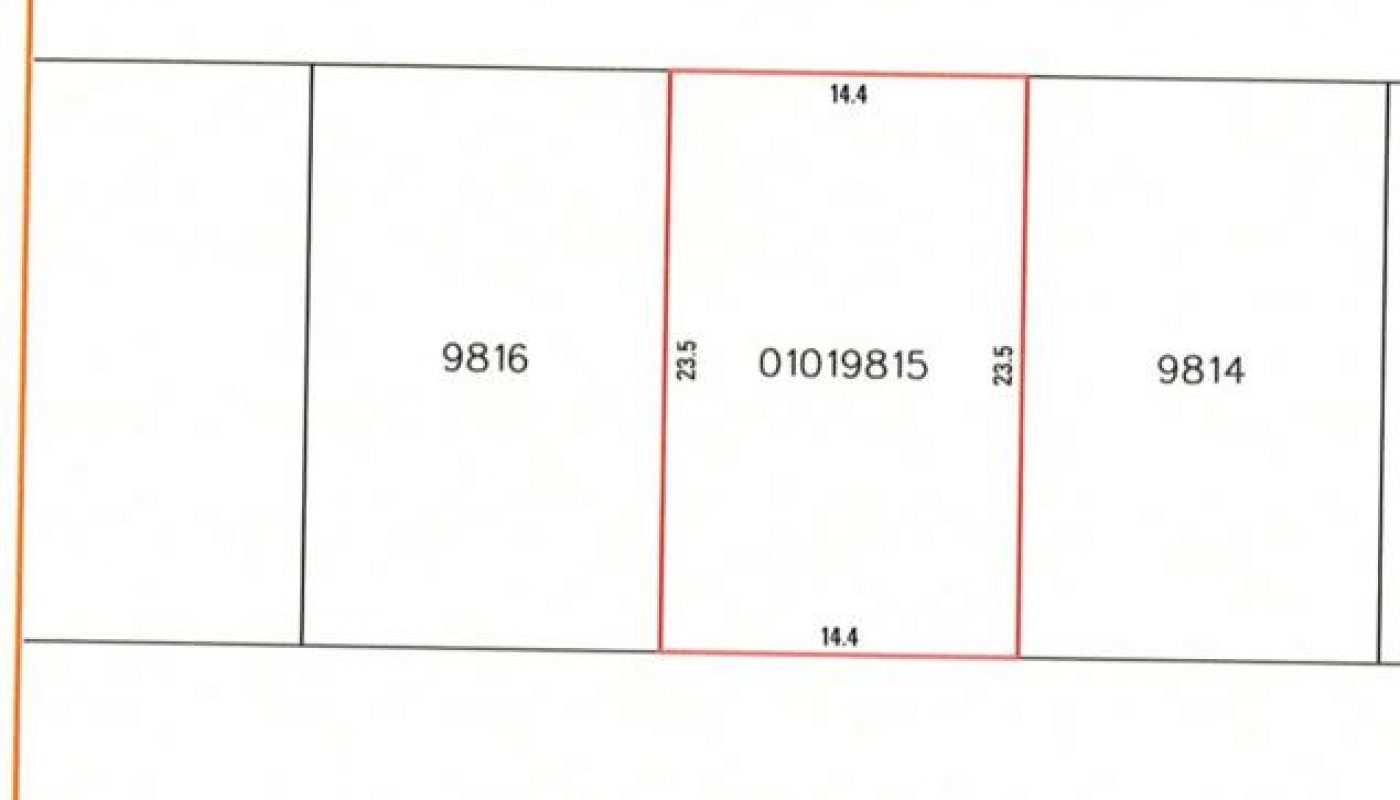A detailed map with plot numbers and dimensions. Central plot labeled "01019815" measures 23.5 x 14.4. Adjacent plots include "9326" and "9814." Arabic text is present at the bottom.