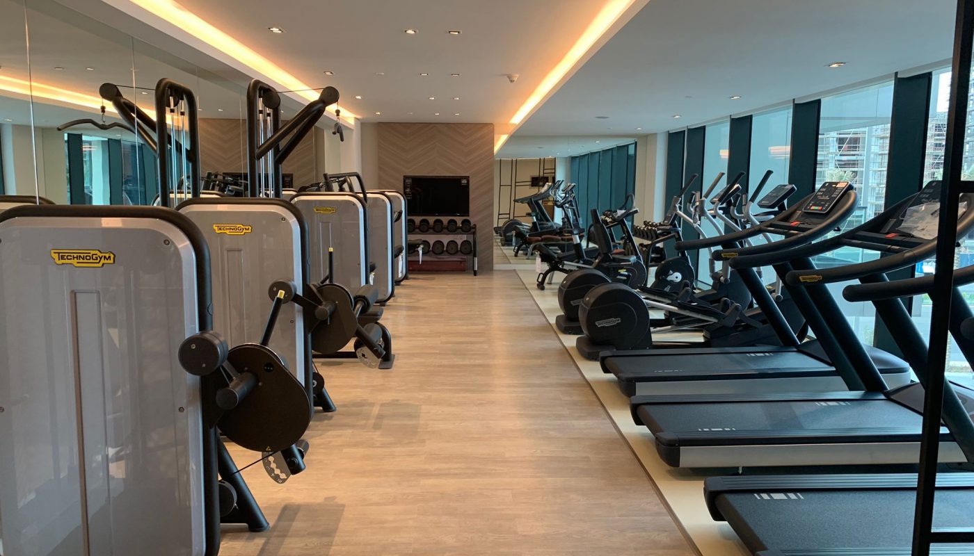 Modern gym with treadmills, elliptical machines, weight machines, and free weights arranged in a well-lit room with large windows and mirrors.