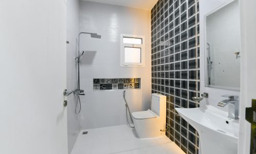 A luxurious apartment for sale, featuring a bathroom with black and white tiled walls and a toilet.