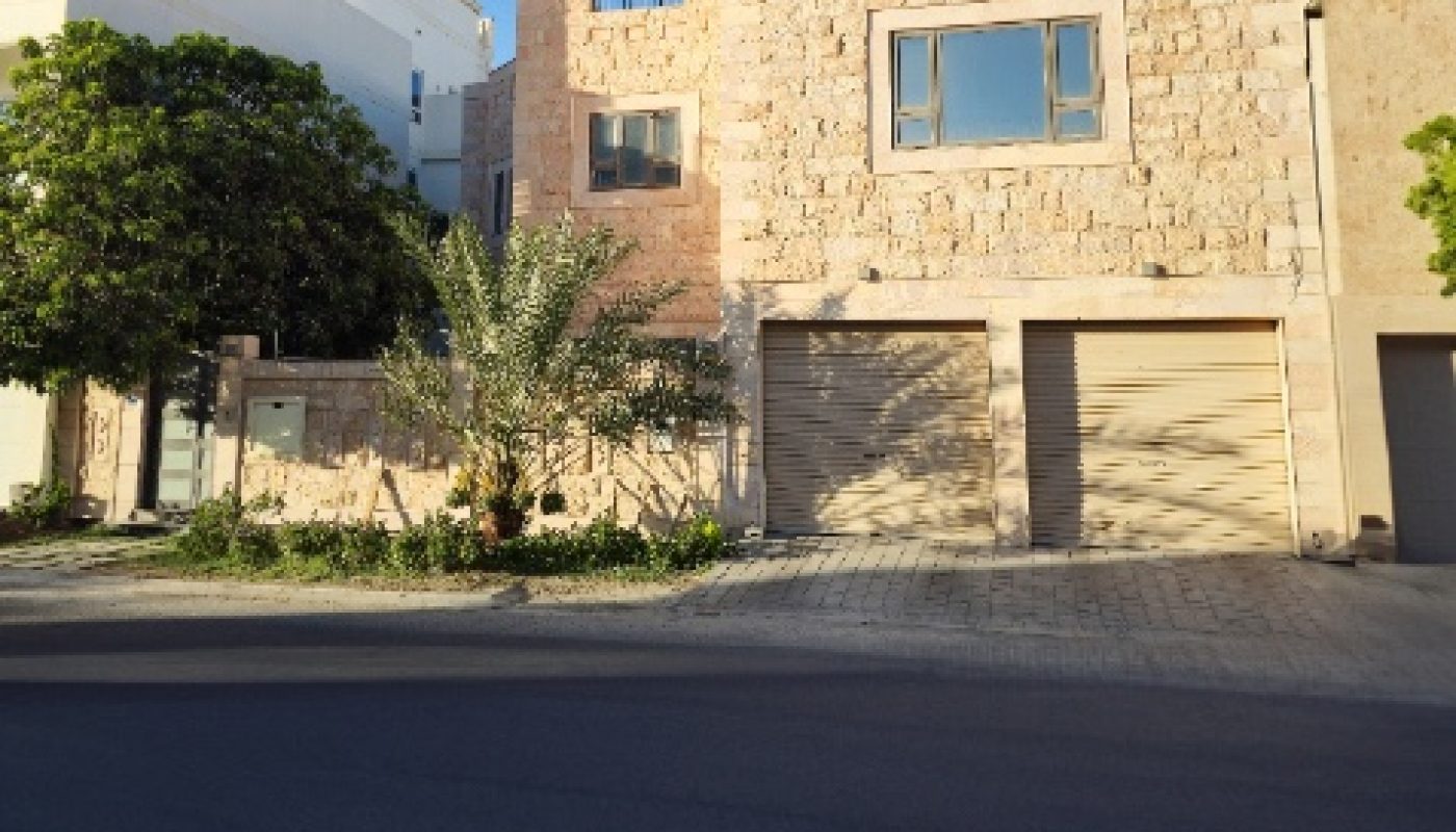 A modern two-story house with a stone facade, three garage doors, and a small tree in front, photographed on a sunny day.