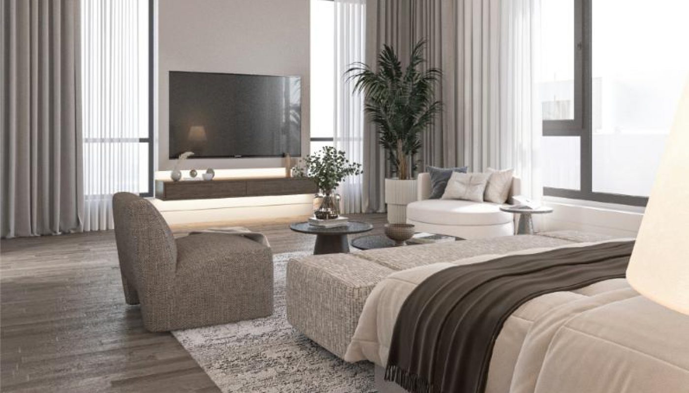 Modern bedroom with a large bed, cushioned seating area, TV, floor-to-ceiling windows, a potted plant, and neutral-toned decor.