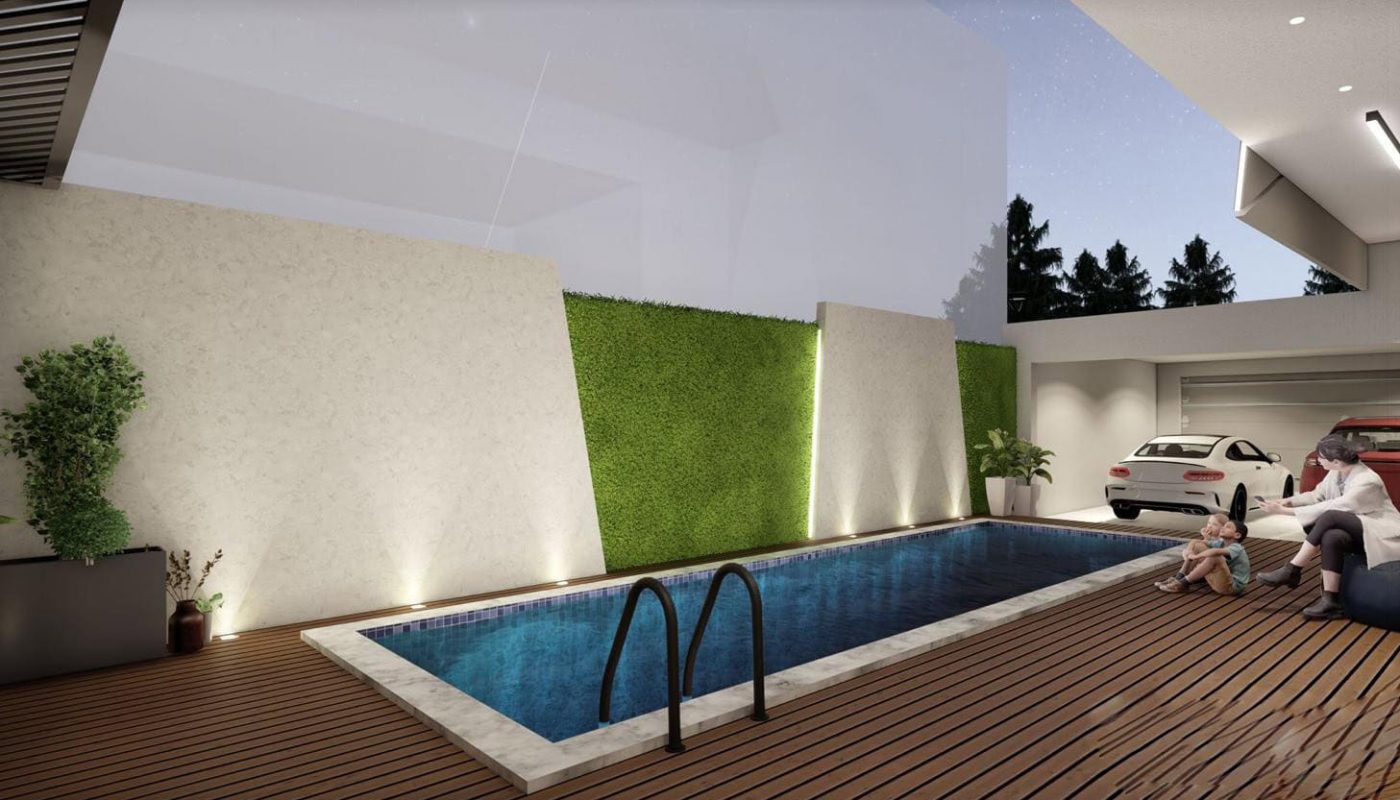 Modern outdoor area with a rectangular pool, wooden decking, green wall, parked car, and two people sitting.