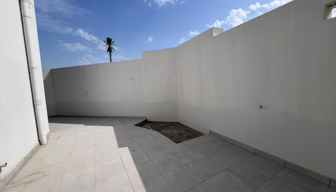 A walled outdoor patio with tiled flooring, a small rectangular dirt patch, white walls, and a single palm tree visible above the wall against a blue sky.