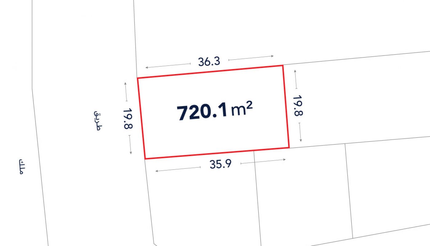 A rectangular plot outlined in red measures 720.1 square meters, with sides labeled 36.3m, 35.9m, 19.8m, and 19.6m.