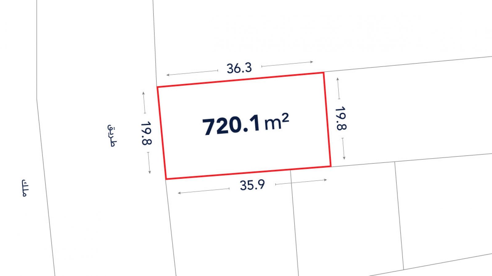 A rectangular plot outlined in red measures 720.1 square meters, with sides labeled 36.3m, 35.9m, 19.8m, and 19.6m.