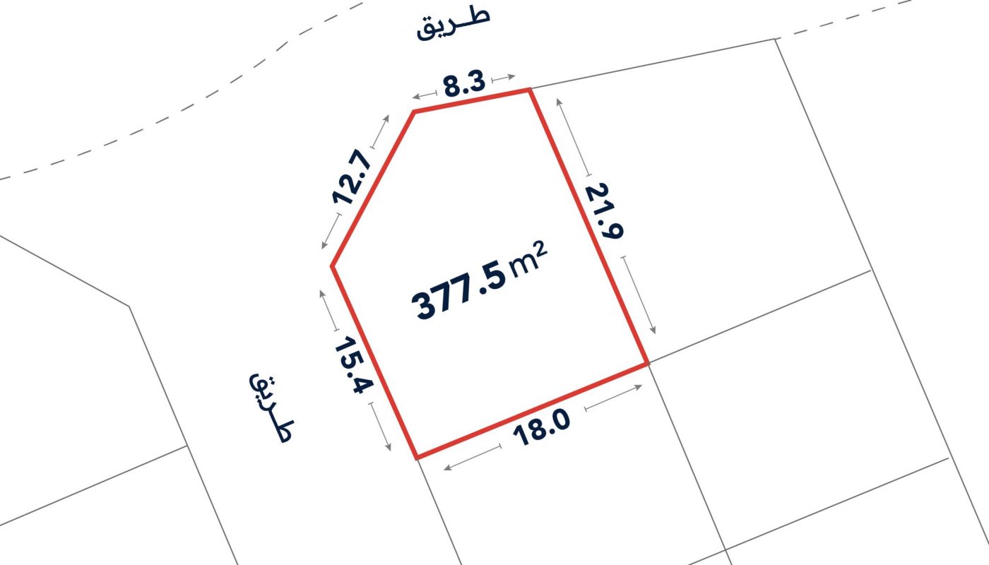 A plot of land shown as a red polygon with dimensions 8.3, 12.7, 15.4, 21.9, and 18.0 meters. The area is labeled 377.5 m².