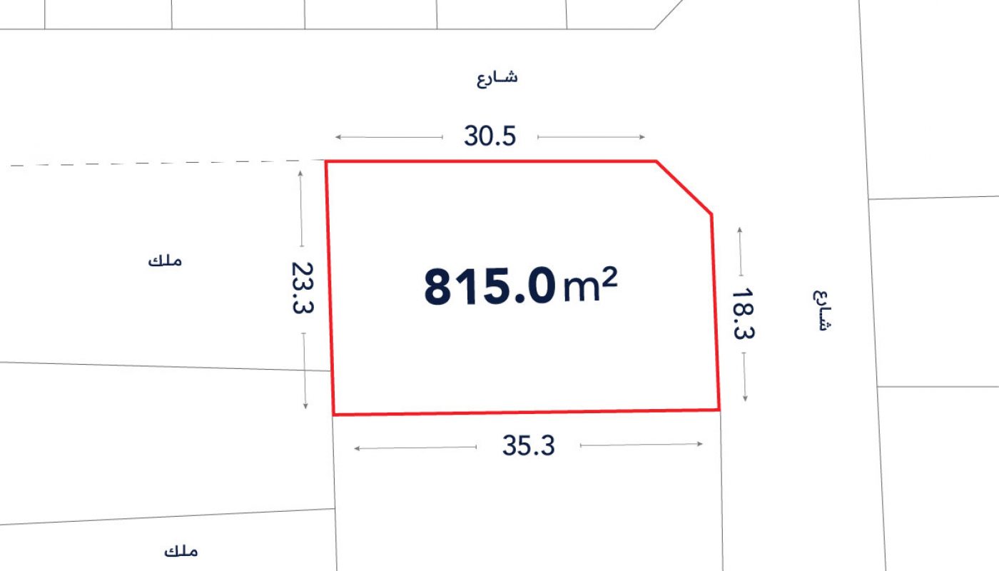 A plot map shows a land parcel outlined in red, labeled 815.0 m², with side lengths 30.5 m, 23.3 m, 35.3 m, and 18.3 m, bordered by streets and neighboring lots.