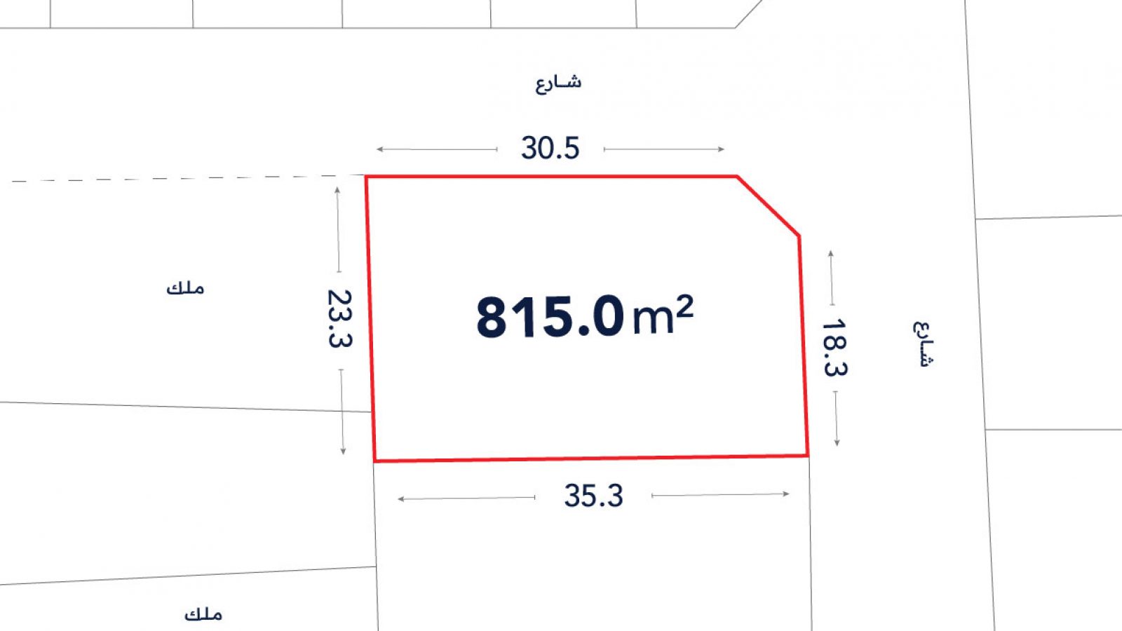 A plot map shows a land parcel outlined in red, labeled 815.0 m², with side lengths 30.5 m, 23.3 m, 35.3 m, and 18.3 m, bordered by streets and neighboring lots.