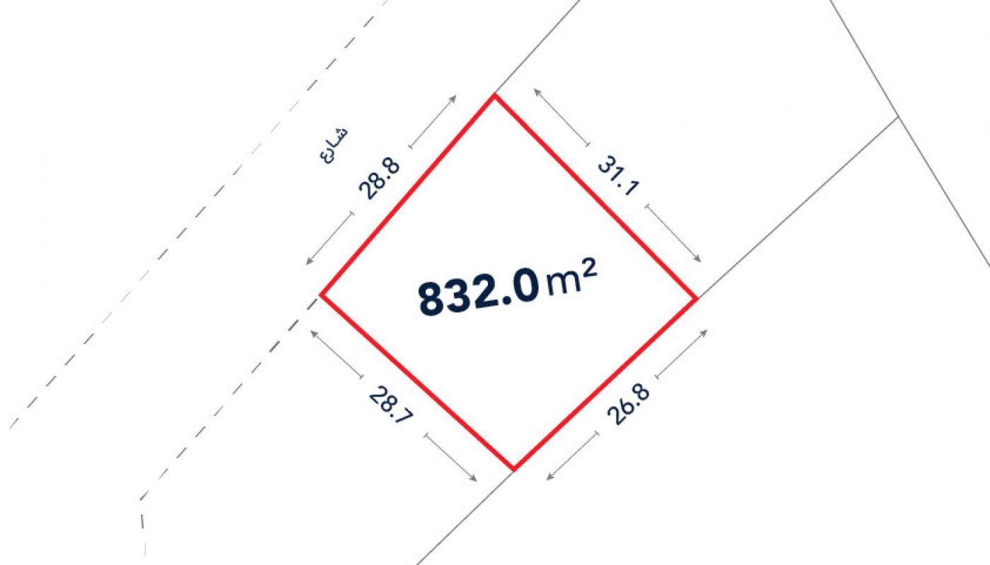 A plot diagram shows a square land area of 832.0 m² with sides measuring 28.8 m, 31.1 m, 28.7 m, and 26.8 m, outlined in red.