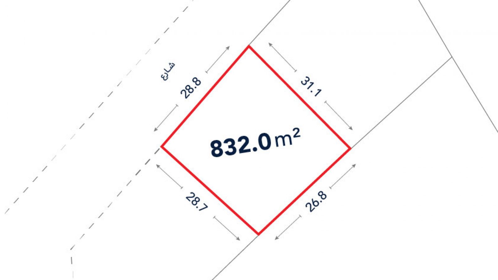A plot diagram shows a square land area of 832.0 m² with sides measuring 28.8 m, 31.1 m, 28.7 m, and 26.8 m, outlined in red.