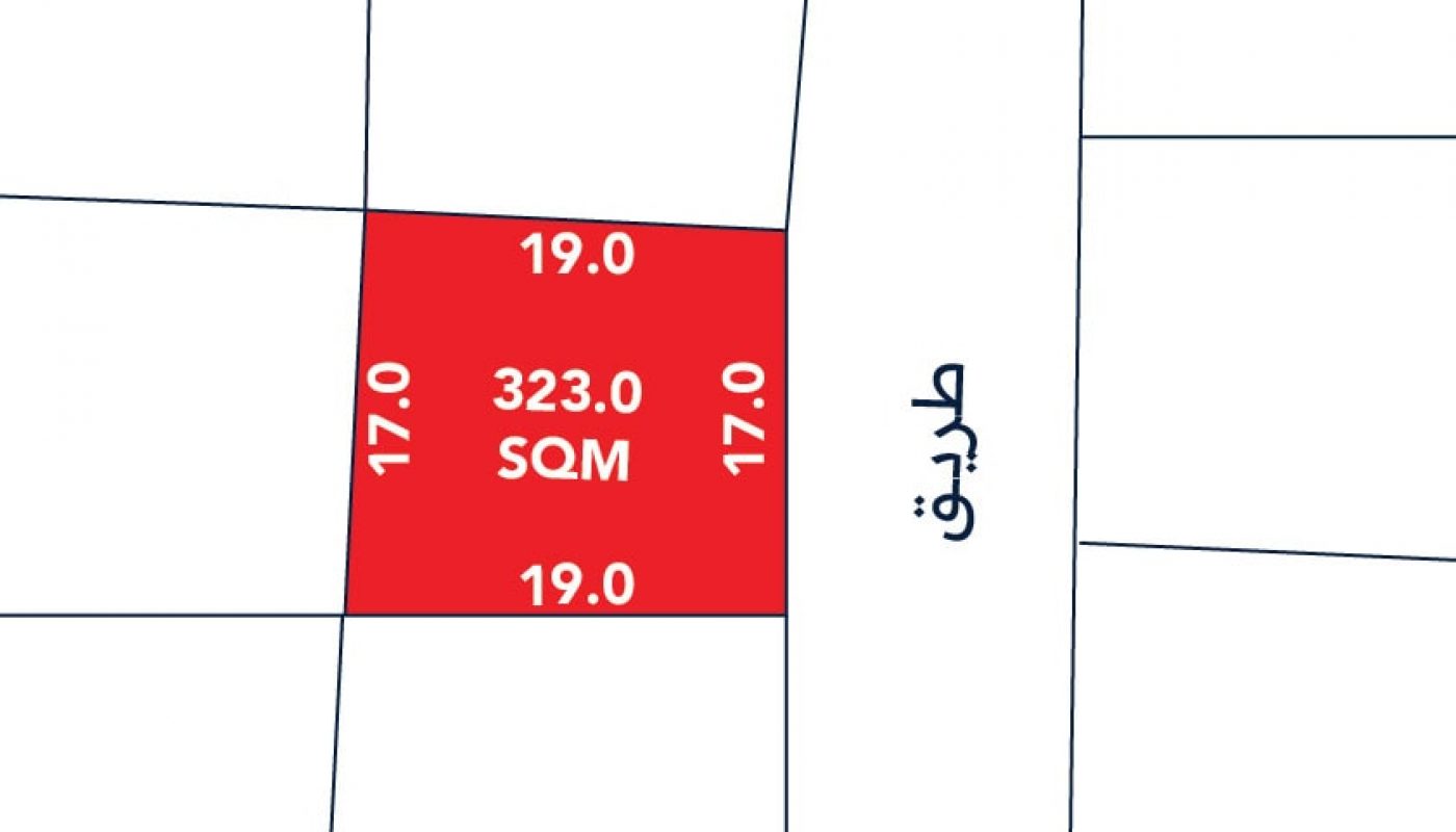 A red rectangular plot labeled "323.0 SQM" with side lengths 17.0 and 19.0 meters, adjacent to a road marked "طريق" (Arabic for "road").
