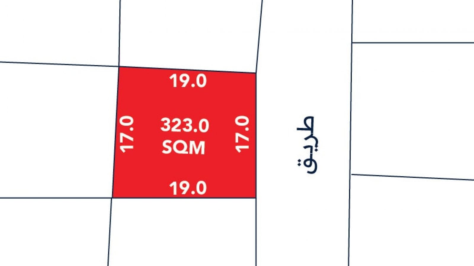 A red rectangular plot labeled "323.0 SQM" with side lengths 17.0 and 19.0 meters, adjacent to a road marked "طريق" (Arabic for "road").
