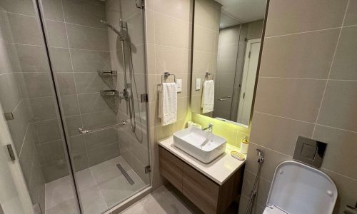 Modern bathroom interior in a luxurious apartment, featuring a glass shower cubicle, single sink vanity with a mirror, and a toilet, illuminated by soft yellow lighting.