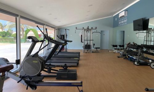 A spacious, well-lit gym with treadmills, elliptical machines, weight machines, free weights, and a TV on the wall. Large windows offer a view of an outdoor area.