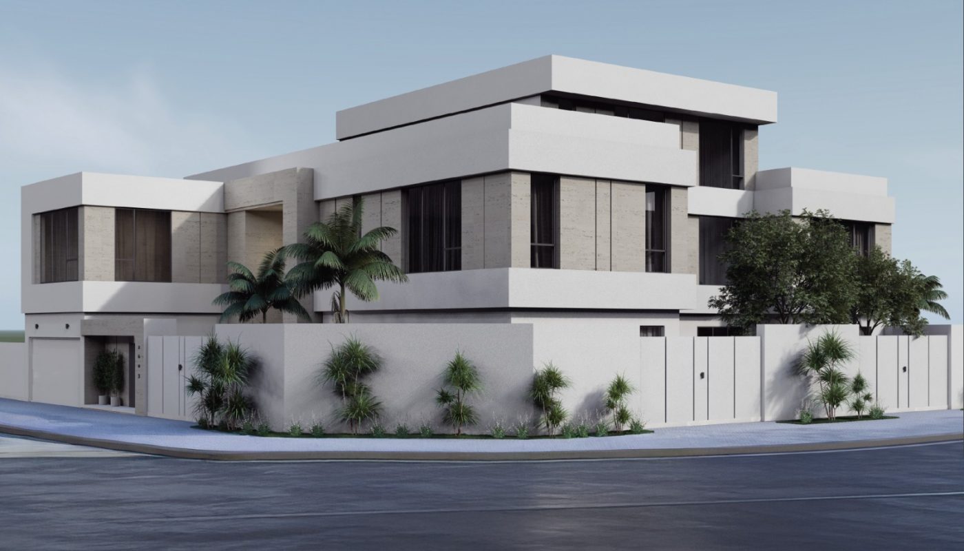 Modern two-story house with flat roofs, large windows, and minimalistic design, surrounded by trees and plants at a street corner.