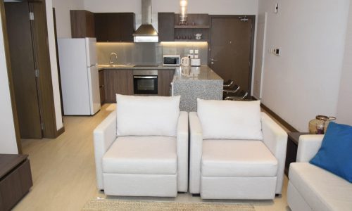 A fully furnished living room and kitchen area in a modern apartment for sale.