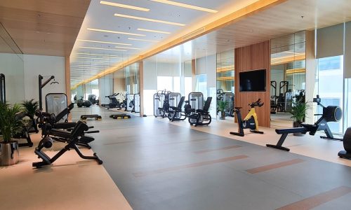 Fully furnished luxury 1BR apartment with a gym room equipped with exercise equipment and mirrors.