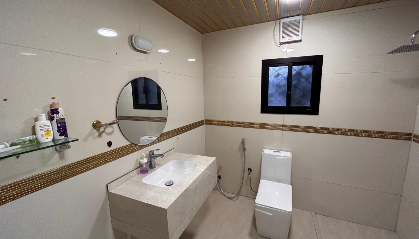 A modern bathroom with a wall-mounted sink, mirror, shelf with toiletries, toilet, handheld bidet, showerhead, and a window on a tiled wall.