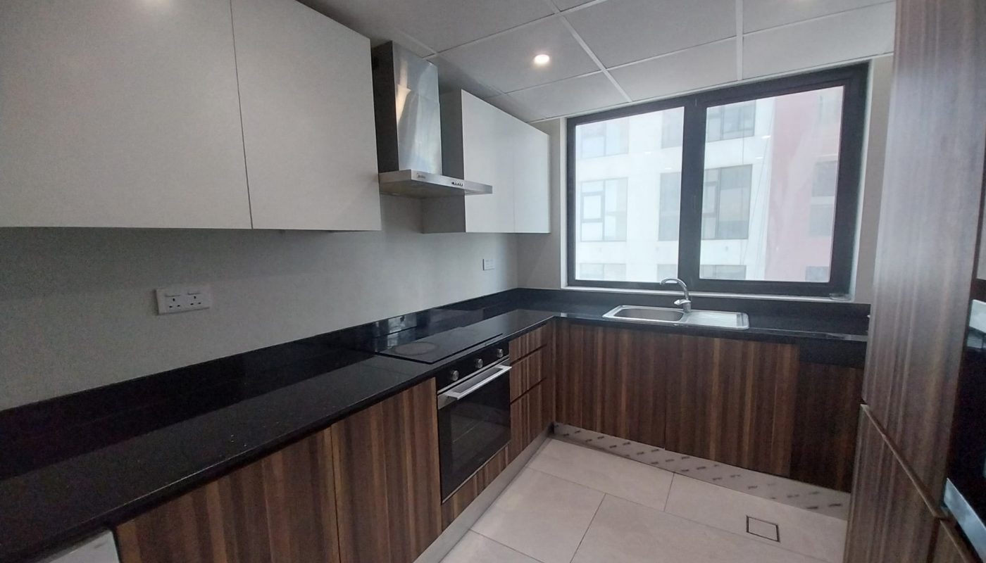 Modern kitchen with wood cabinets, black countertops, built-in oven, electric stovetop, and a large window providing natural light.