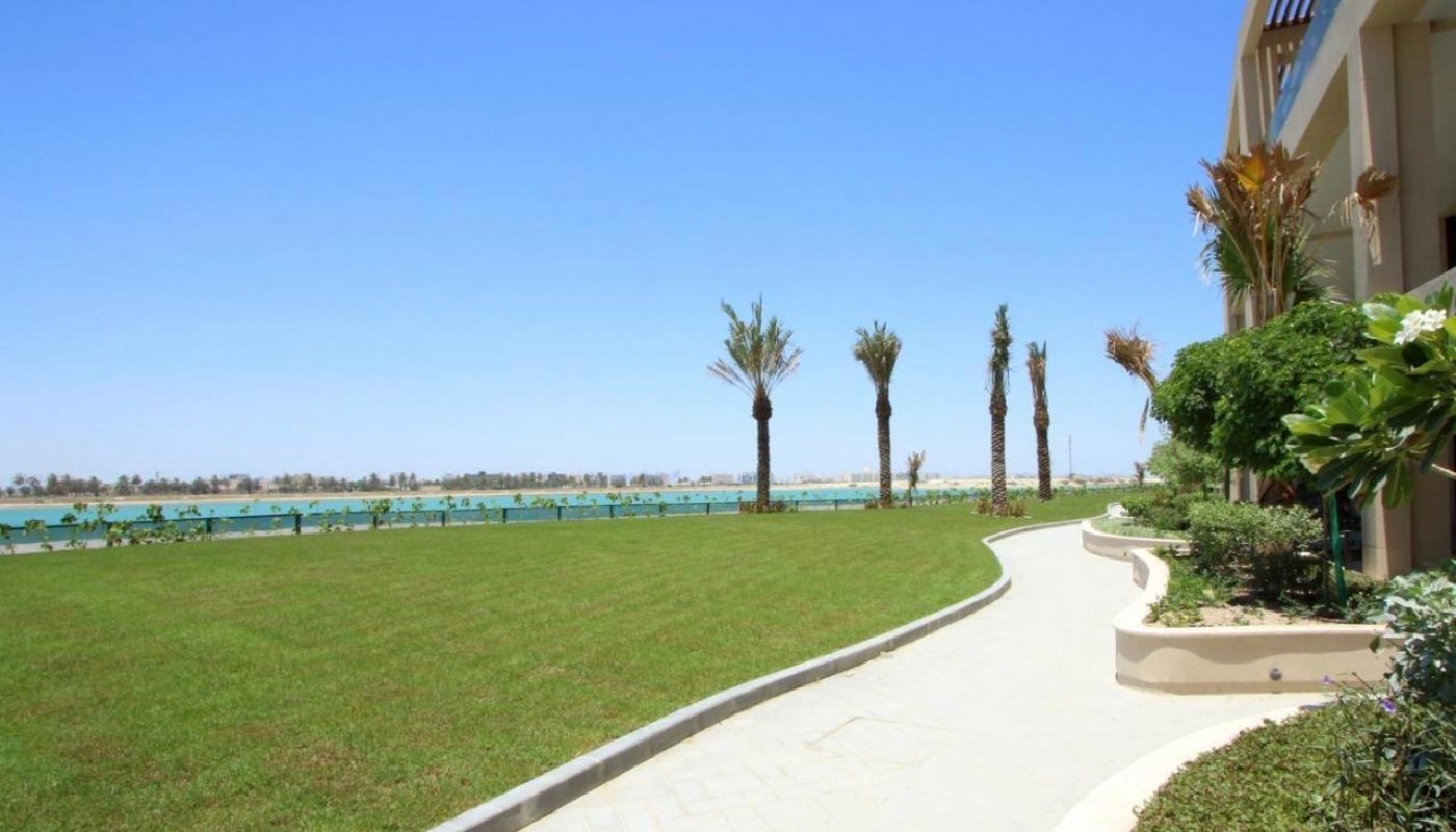 A paved walkway curves through a grassy area with palm trees, next to a building, overlooking a body of water under a clear blue sky.