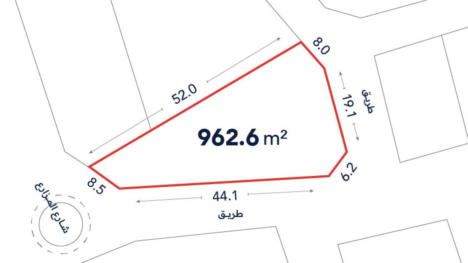 A plot of land outlined in red measures 962.6 square meters, with labeled side lengths in meters and adjacent streets marked in Arabic.
