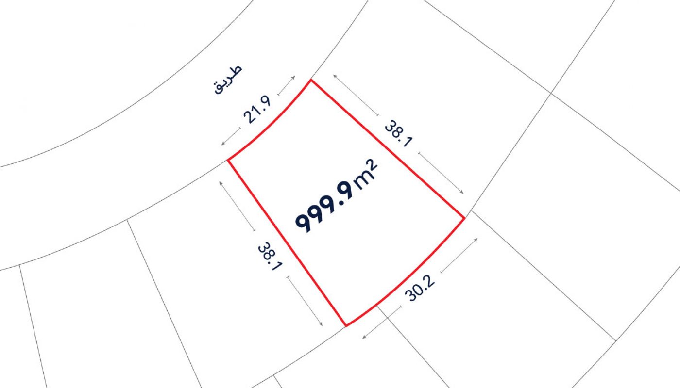 A plot map shows a highlighted, irregular-shaped lot labeled 999.9 m² with side lengths of 21.9, 38.1, 38.1, and 30.2 meters, located along a curved street.