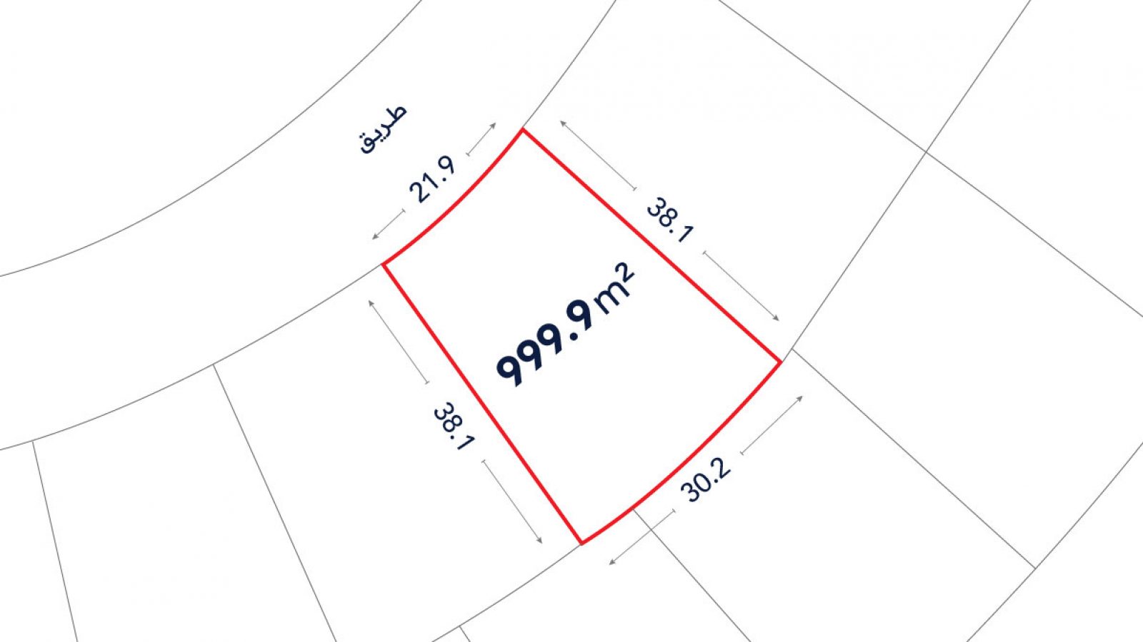 A plot map shows a highlighted, irregular-shaped lot labeled 999.9 m² with side lengths of 21.9, 38.1, 38.1, and 30.2 meters, located along a curved street.