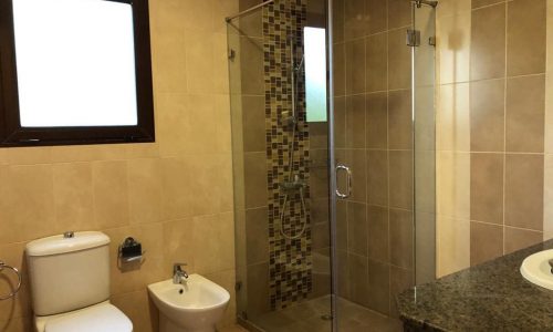 A luxurious Al Jasra villa available for rent, featuring a glass shower stall and toilet in the bathroom.