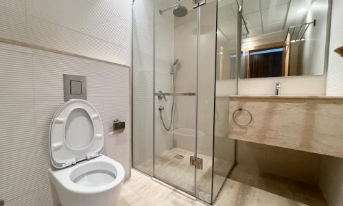 A luxury bathroom featuring a glass shower stall and toilet.