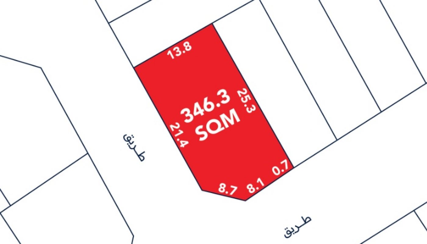 A plot of land marked in red measures 346.3 square meters, with side lengths labeled in meters; adjacent to two roads and surrounded by other plots.