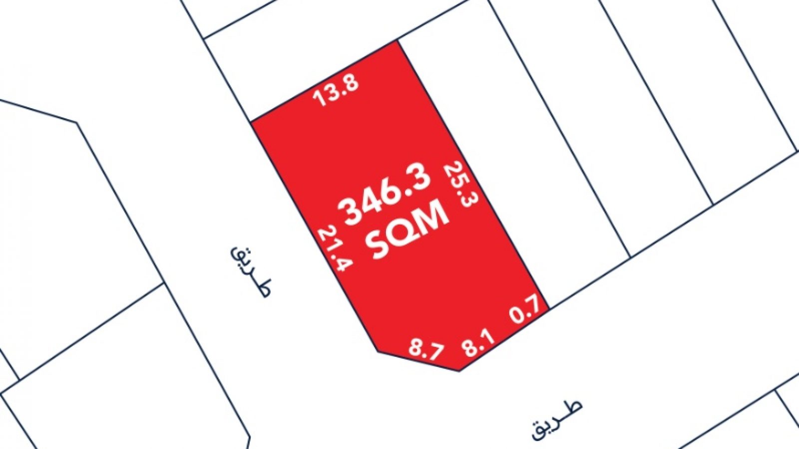 A plot map highlights a 346.3 square meter lot in red, showing adjacent lot lines with labeled side lengths in meters and bordering streets.