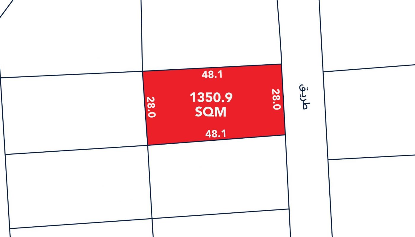 A plot map showing a rectangular lot highlighted in red, labeled "1350.9 SQM" with dimensions 48.1 by 28.0 meters, adjacent to a road labeled "طريق".