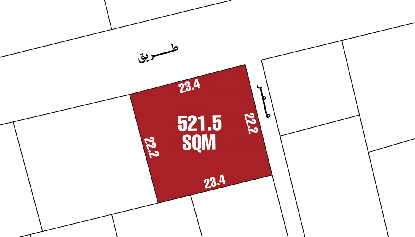 A plot map showing a red rectangular land parcel labeled "521.5 SQM" with side lengths of 23.4m and 22.2m, bordered by streets labeled in Arabic.