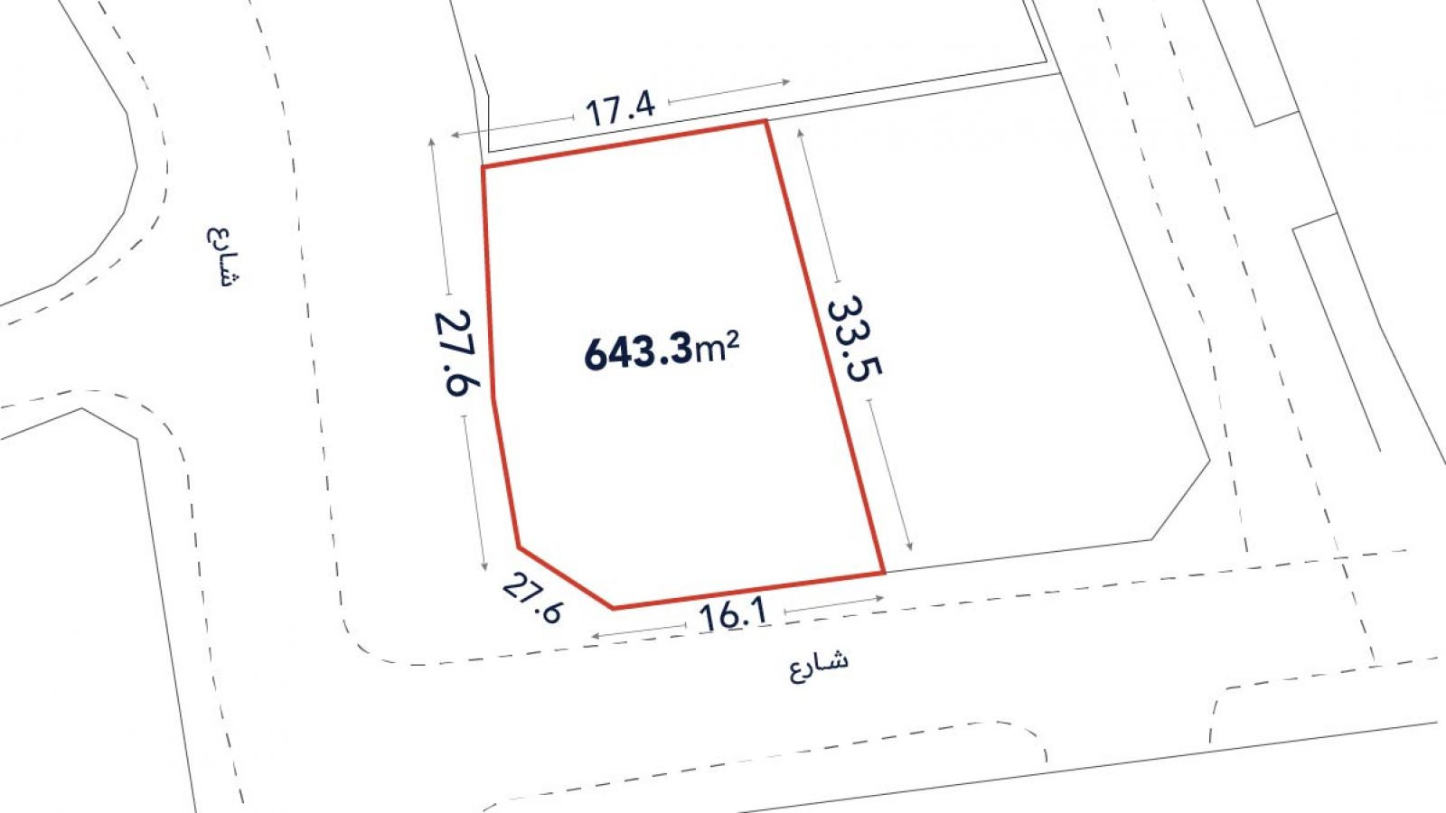 A plot of land outlined in red with a total area of 643.3 square meters; side lengths are labeled 17.4, 33.5, 16.1, 27.6, and 27.6 meters.