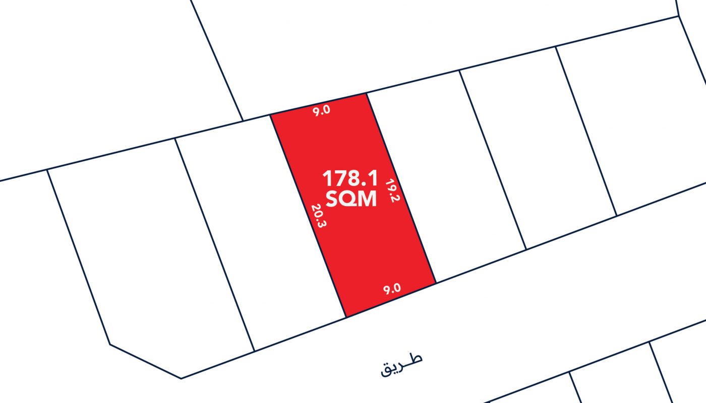 A rectangular plot labeled "178.1 SQM" is highlighted in red among adjacent plots, with dimensions 9.0m by 19.8m, and bordered by a road at the bottom.