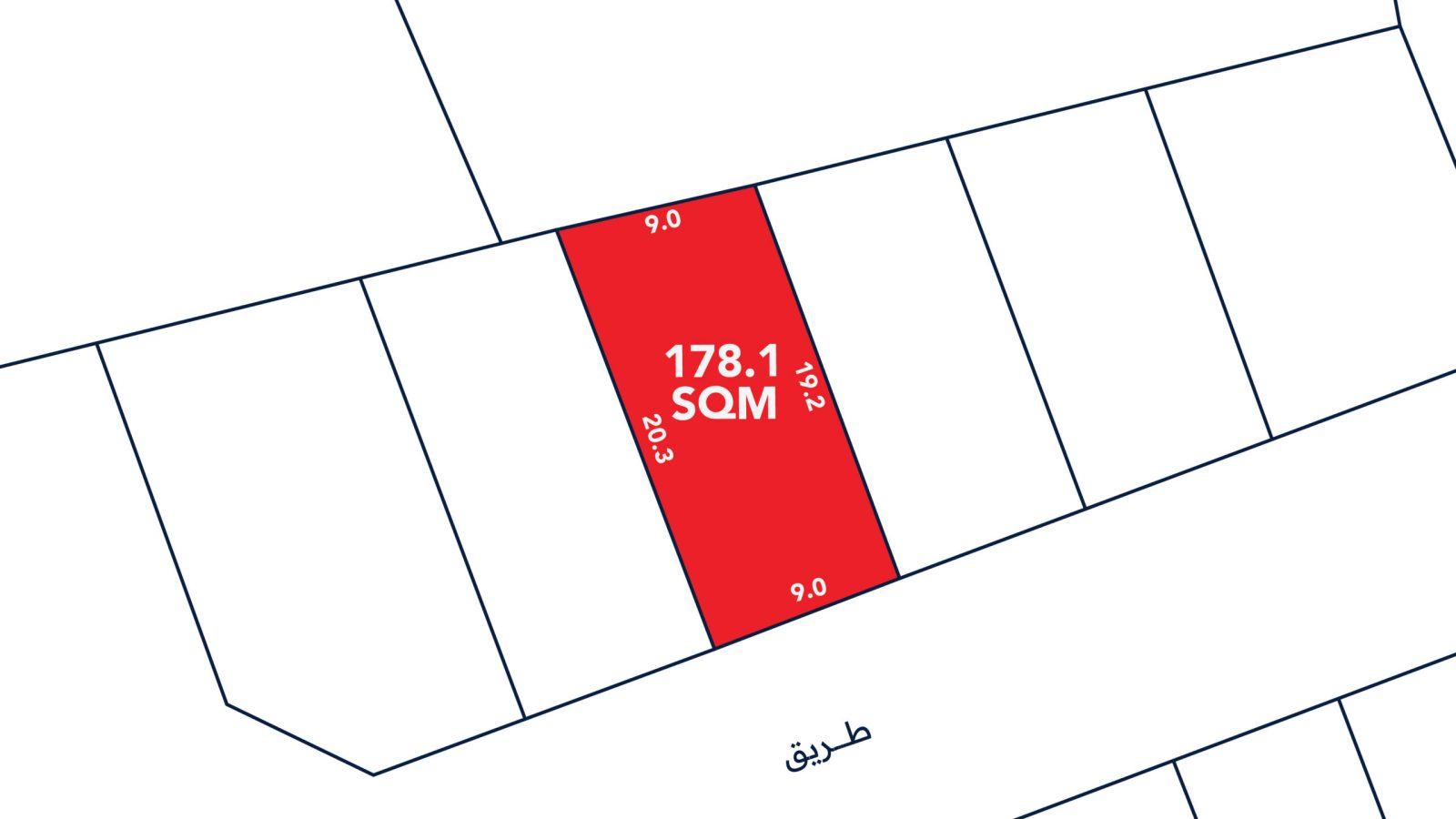 A rectangular plot labeled "178.1 SQM" is highlighted in red among adjacent plots, with dimensions 9.0m by 19.8m, and bordered by a road at the bottom.