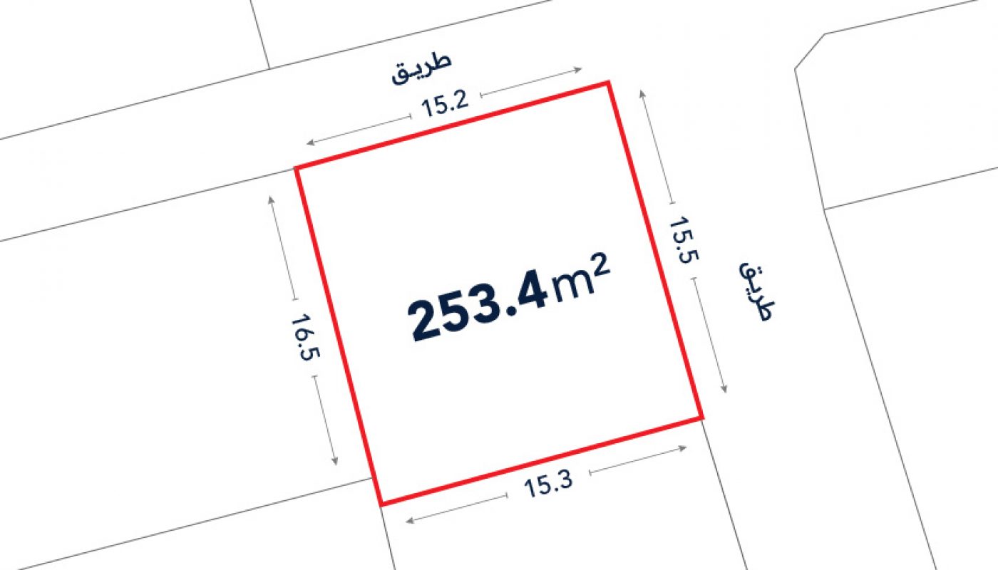 A square plot outlined in red with labeled dimensions and area of 253.4 square meters, bordered by streets on two sides.