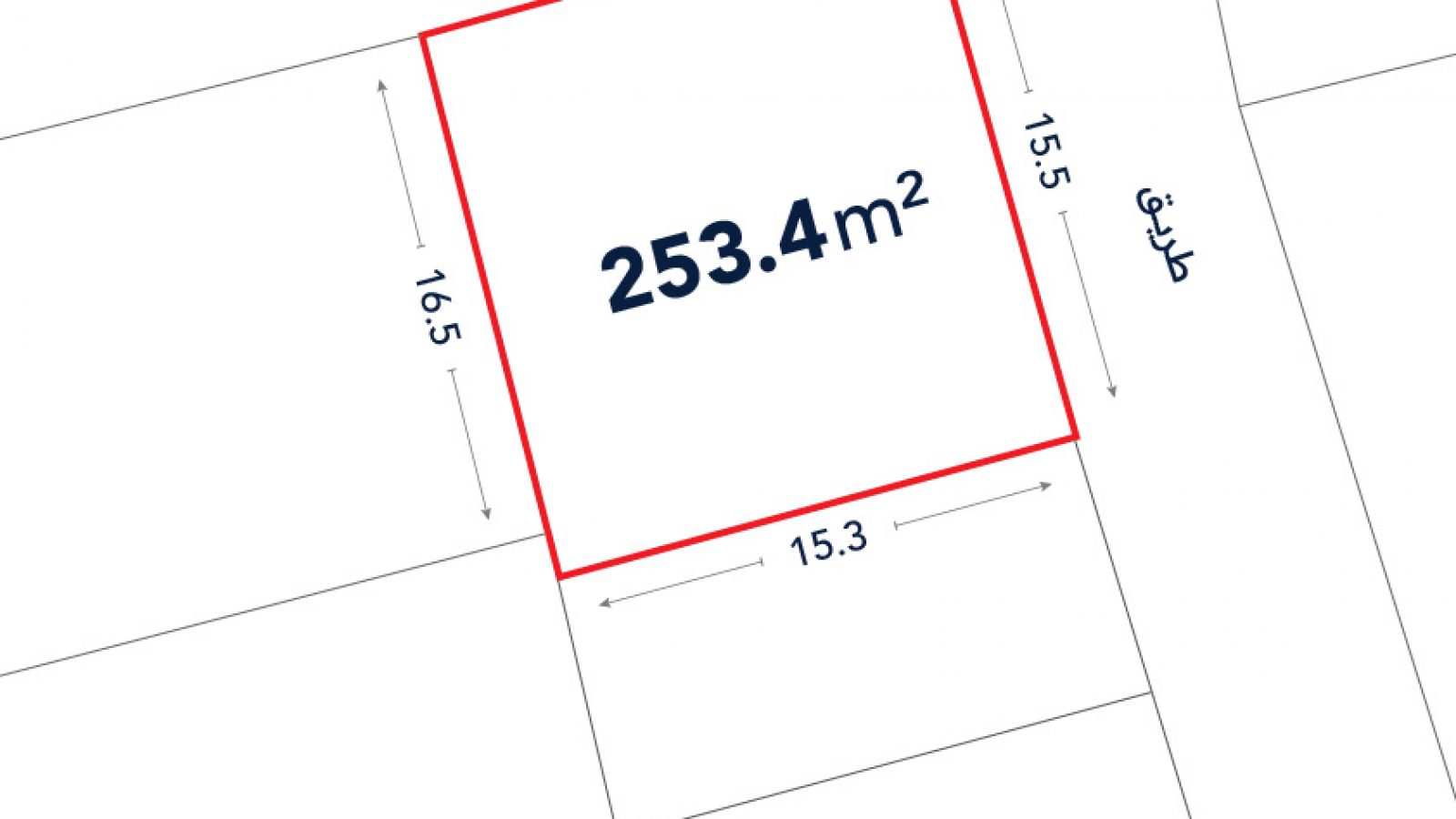 A square plot outlined in red, measuring 253.4 square meters with side lengths labeled in meters; surrounding roads and adjacent plots are shown.
