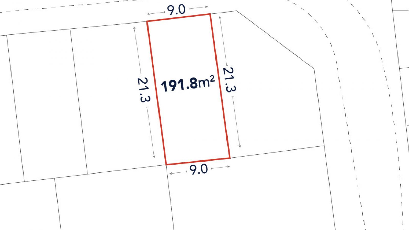 A plot map showing a rectangular land parcel outlined in red, measuring 191.8 m² with dimensions 9.0 m by 21.3 m, adjacent to a curved street.