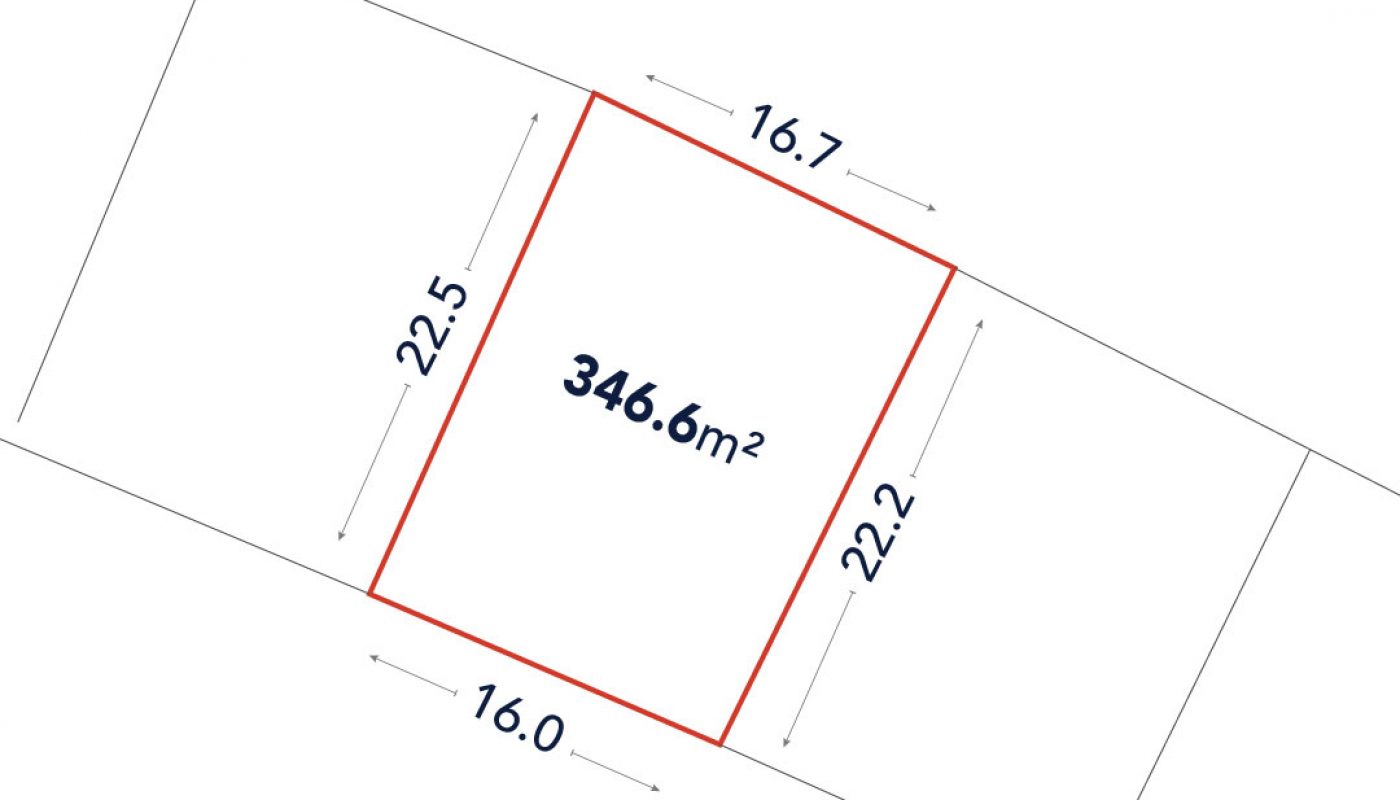A rectangular plot outlined in red with labeled dimensions: 16.7m, 22.5m, 16.0m, and 22.2m; area indicated as 346.6 square meters.