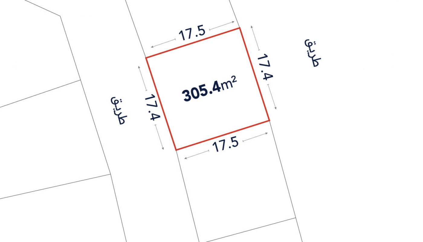 A plot diagram showing a square land parcel outlined in red, labeled 305.4 m², with each side measuring 17.5 meters; adjacent areas are labeled in Arabic.