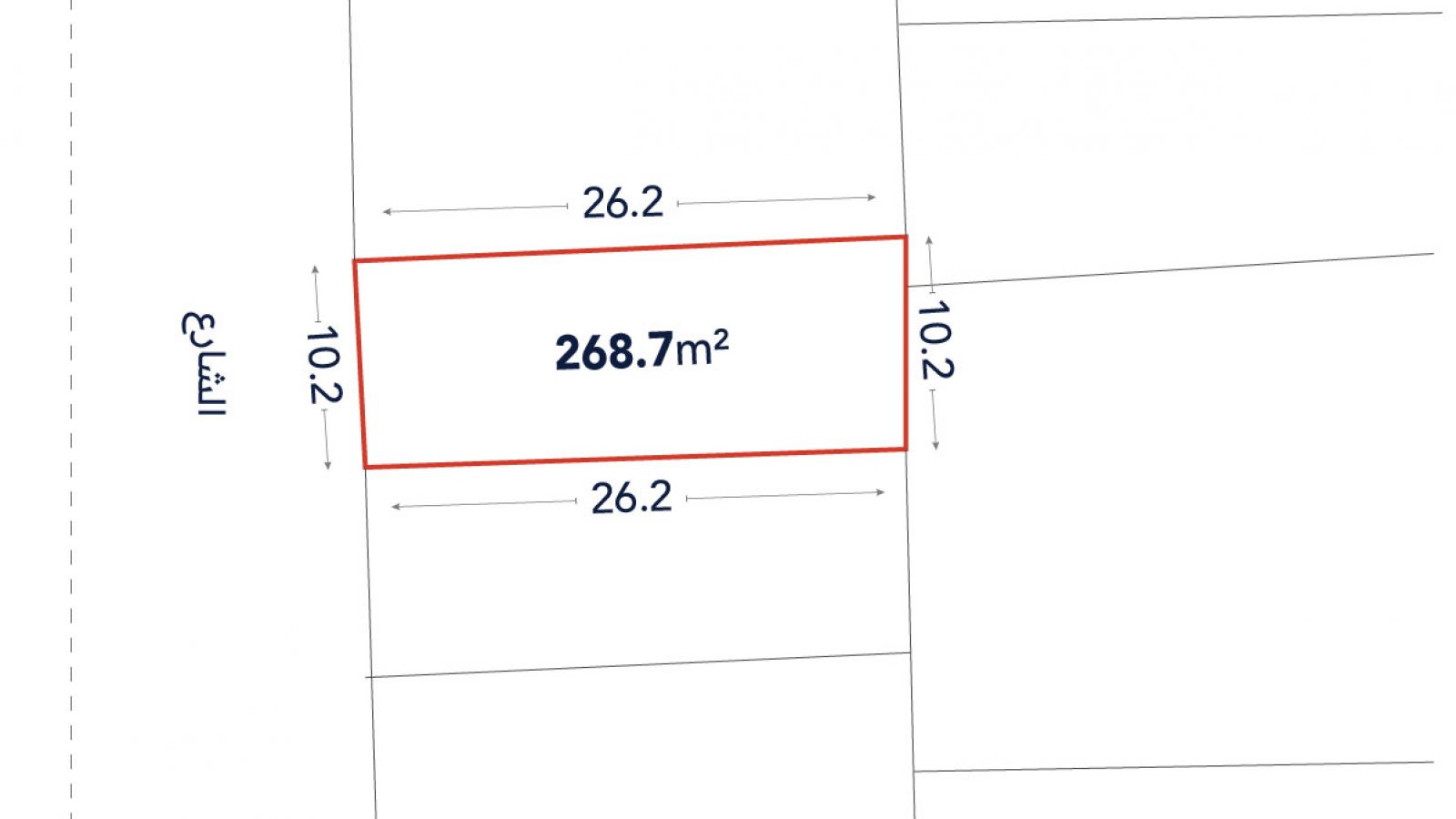 A rectangular plot outlined in red, measuring 268.7 square meters, with side lengths of 26.2 meters and 10.2 meters, and an adjacent street labeled in Arabic.