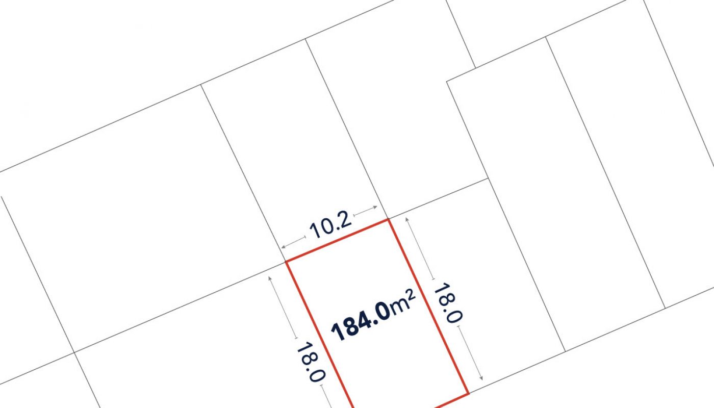 A rectangular plot outlined in red with dimensions 18.0 meters by 10.2 meters, totaling 184.0 square meters, shown on a site plan.