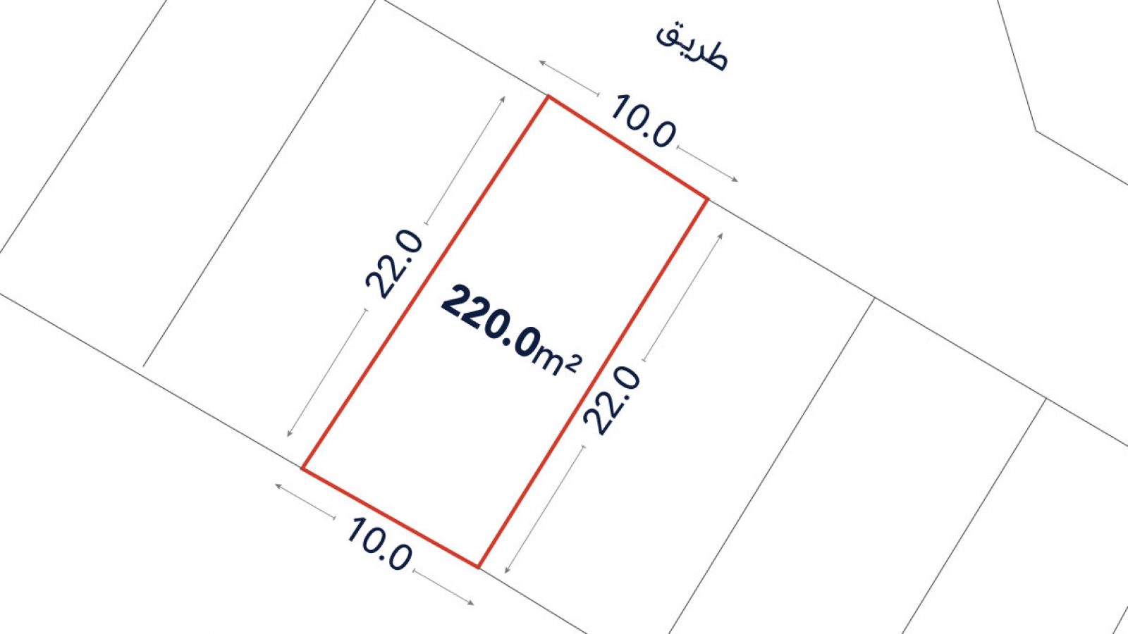 A rectangular plot outlined in red, labeled 220.0m², with dimensions 22.0 meters by 10.0 meters, positioned between two roads labeled "طريق".
