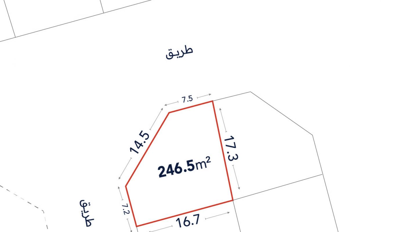 A plot of land outlined in red with labeled side lengths in meters and an area of 246.5 square meters, adjacent to two roads labeled "طريق".