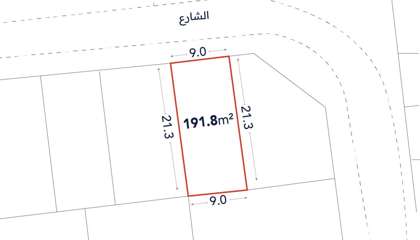 A rectangular plot outlined in red, measuring 191.8 square meters, with dimensions 9.0m by 21.3m, adjacent to a street labeled in Arabic.